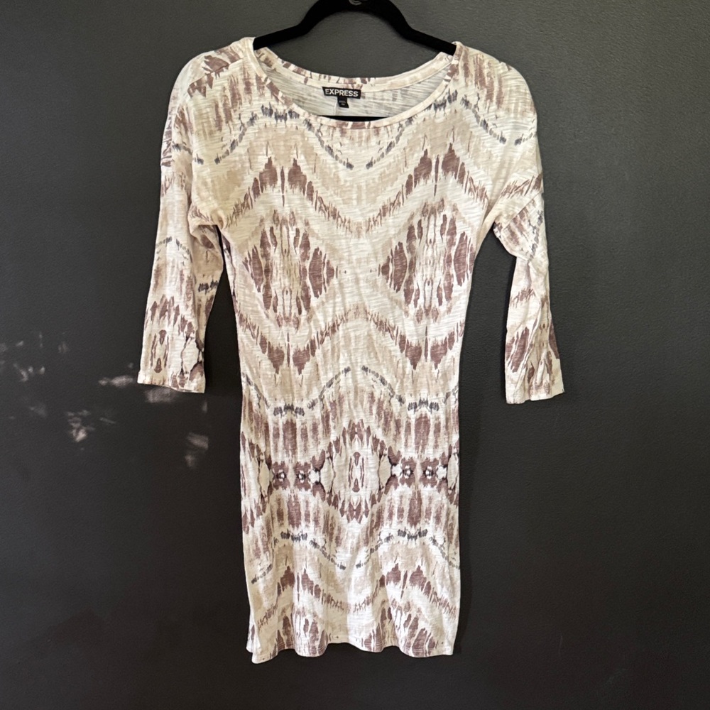 Express Ikat Tie Dye Boho 3/4 Sleeve Dress with cream and brown texture pattern